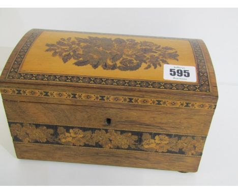 TUNBRIDGE WARE, domed top 2 section tea caddy, floral reserve and banding, 27cm width 