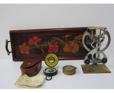 ANTIQUE POCKET BAROMETER, a leather cased military pocket compass "The Magnapole"; also floral marquetry narrow tray and vint