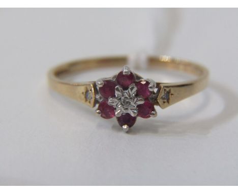 9ct YELLOW GOLD RUBY &amp; DIAMOND CLUSTER RING, principal illusion set brilliant cut diamonds surrounded by rubies, 9ct gold