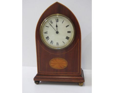 EDWARDIAN INLAID MAHOGANY MANTEL CLOCK, arch body with French 8 day movement, 24cm height 
