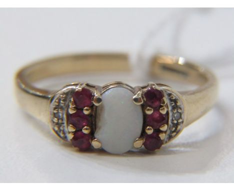 9ct YELLOW GOLD OPAL, RUBY &amp; DIAMOND RING, principal opal in a/f condition, slight chip, size P/Q 