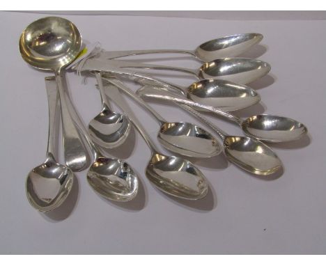GEORGIAN SILVER CUTLERY, collection of 10 assorted Old English pattern dessert spoons, together with similar ladle, 368 grams