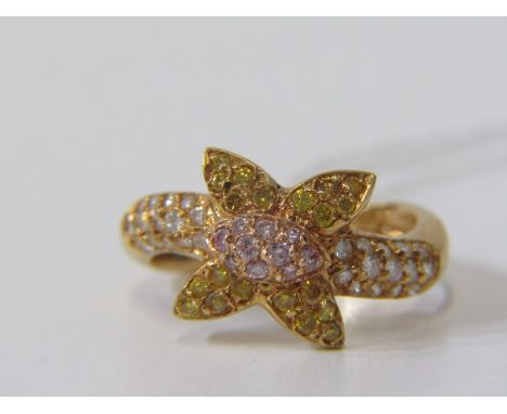 18ct YELLOW GOLD COLOURED DIAMOND CLUSTER RING, by Mappin &amp; Webb, pink, yellow and white diamonds, size K/L 