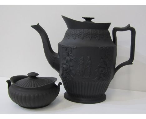 GEORGIAN BASALT COFFEE POT with relief decoration, together with Wedgwood basalt oval fluted base sucrier 