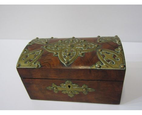 VICTORIAN TEA CADDY, walnut twin section tea caddy with brass engraved embellishments, 20cm width 