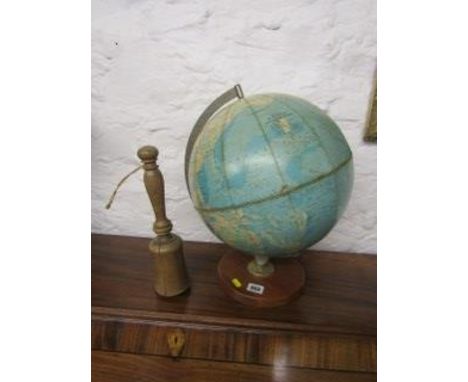 VINTAGE TABLE TOP GLOBE, Philips' 12" Physical Challenge globe; also treen mallet 