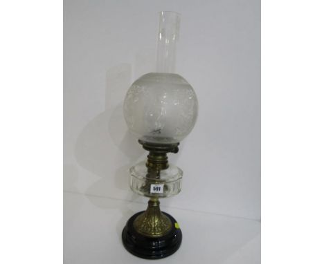 ANTIQUE OIL LAMP, embossed brass circular oil lamp with cut glass reservoir and acid etched spherical shade, 47cm height 