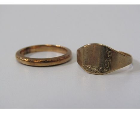 GOLD RINGS, 2 9ct gold rings, 1 a signet ring the other a band ring, size K &amp; M, 4grms in total 