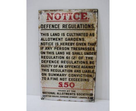 ANTIQUE ENAMEL SIGN, "Notice Defence Regulations - National Allotment Society Ltd", 33cm x 20cm 