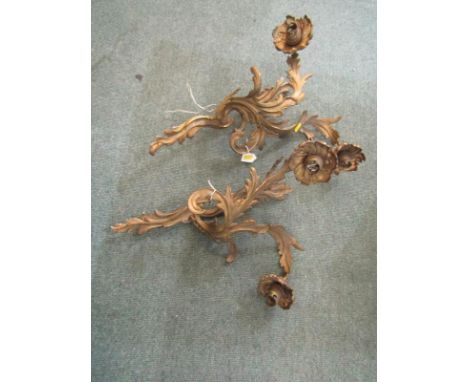 VINTAGE LIGHTING, pair of Rococco design foliate form 2 branch gilded brass light fittings, 45cm height 
