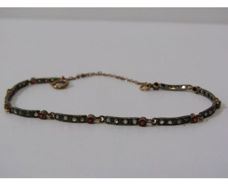 VINTAGE YELLOW &amp; WHITE METAL DIAMOND &amp; GARNET BRACELET, tests gold 
