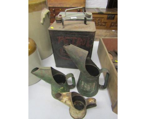 VINTAGE MOTORING, Esso metal fuel can and 1 other; together with 3 graduated oil pourers 