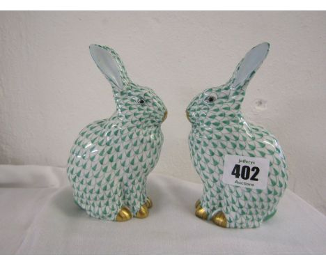 HEREND, pair of green enamel seated Hares, 14cm height 