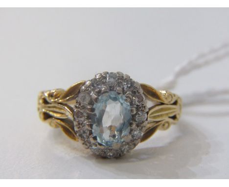 18ct GOLD AQUAMARINE &amp; DIAMOND CLUSTER RING, principal oval aquamarine surrounded by brilliant cut diamonds in 18ct yello