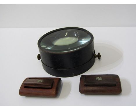 SNUFF BOXES, 2 rosewood snuff boxes inlaid with 4 leaf clovers; together with magic lantern projection lens 