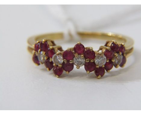 RUBY &amp; DIAMOND CLUSTER RING, 18ct yellow gold ring, set 5 central diamonds within a cluster of rubies, size L, insurance 