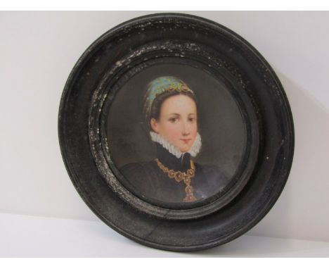 19th CENTURY CONTINENTAL PORCELAIN PORTRAIT DISH, of Young Lady with jewelled necklace, reverse paper label "Unterberger Inns