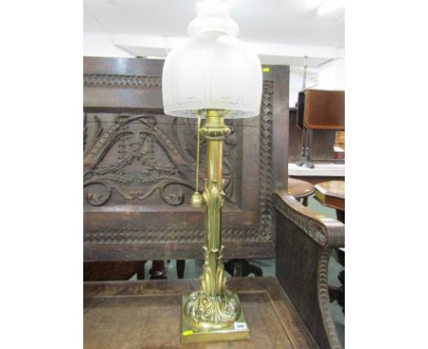 VICTORIAN ORNATE BRASS COLUMN CANDLE TABLE LAMP, naturalistic moulded stem with frosted glass shade (fractured) 83cm height 