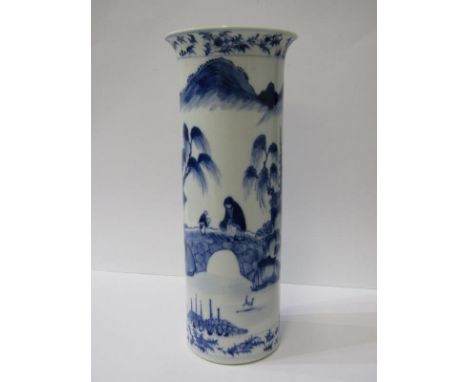 ORIENTAL CERAMICS, Chinese underglaze blue, 23cm cylindrical vase with splayed rim, decorated with figures on riverside dwell