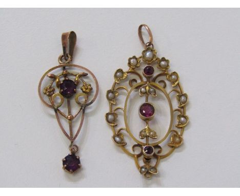 2 VINTAGE MODERN 9CT YELLOW GOLD PENDANTS, 1 with amethyst &amp; seed pearl the other amethyst, both are Art Nouveau design 