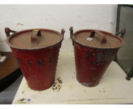 VINTAGE FIRE BUCKETS, 2 red enamelled fire buckets with original lids 