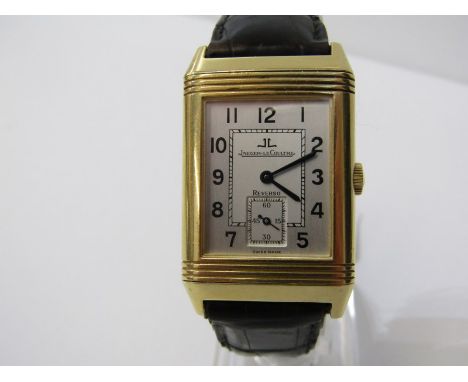 18CT YELLOW GOLD JAEGER-LECOULTRE REVERSO WRIST WATCH, on leather strap with original Jaeger LeCoultre &amp; deployment clasp