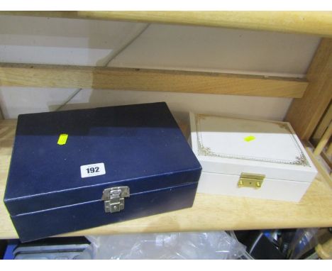 COSTUME JEWELLERY, faux blue leather jewellery box containing a selection of costume beads, brooches, cross etc. together wit