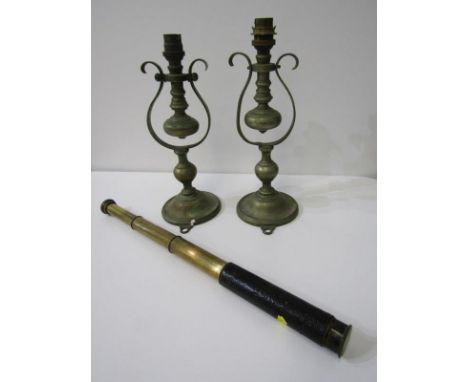 MARITIME, pair of ships wall mounted gimballed light fittings, together with 3 draw small telescope by Denhill 