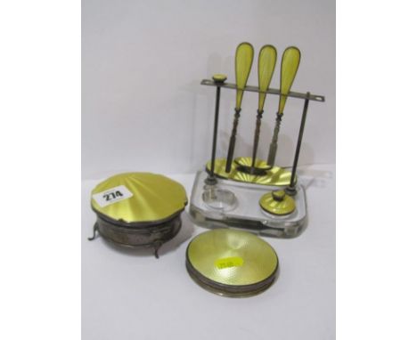 ART DECO RING BOX &amp; MANICURE SET, circular silver ring box with yellow enamelled decoration, together with a stand with a