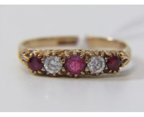 9ct YELLOW GOLD BOAT STYLE RUBY &amp; CZ RING, size P 