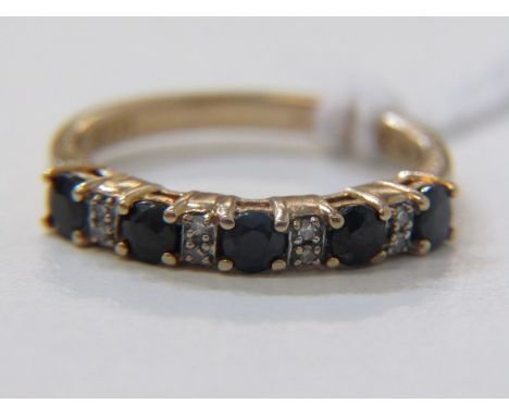 SAPPHIRE &amp; DIAMOND RING, 9ct yellow gold 1/2 eternity style ring size J/K 