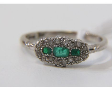 18CT WHITE GOLD EMERALD &amp; DIAMOND CLUSTER RING, vintage emerald &amp; diamond cluster, graduated rectangular cut emerald 