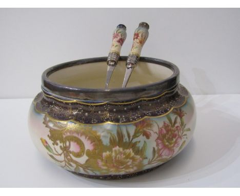 CARLTON, salad bowl and servers "Coronation" pattern with plated mount 