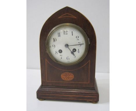 ANTIQUE BRACKET CLOCK, Edwardian inlaid mahogany arched top bracket clock, coiled bar strike, 26cm height 