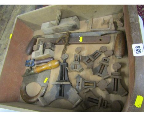VINTAGE TOOLS, 3 miniature planes, draw knife, clamps, spoke shave,etc 