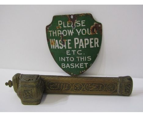 VINTAGE ENAMEL SIGN, "Please Throw Your Waste Paper....", 13cm height; also Eastern brass travelling pen holder 