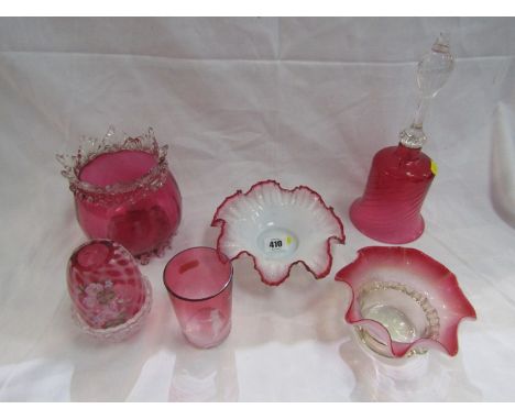 CRANBERRY GLASS, Mary Gregory tumbler, night light holder, table bell, etc 