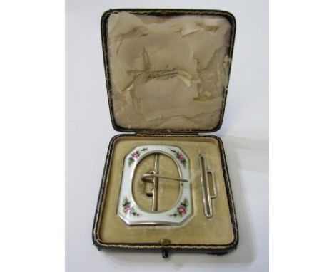 SILVER &amp; ENAMELLED BELT BUCKLE SET, London HM in fitted box, enamel with roses to each corner 