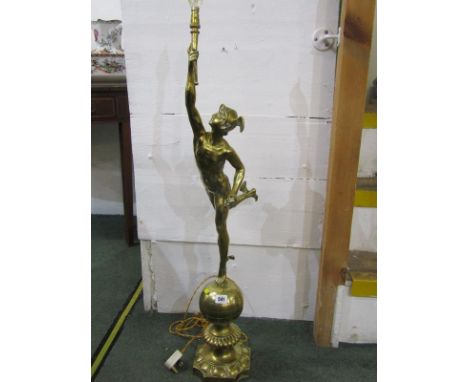 BRASS TABLE LAMP, depicting Mercury on globe base, 104cm height 