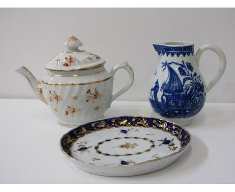CHAMBERLAIN WORCESTER MINIATURE TEA POT, gilded spray design; also 18th Century Caughley sparrow beak fisherman pattern milk 