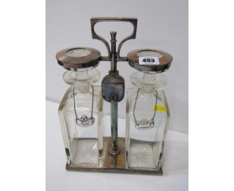 SILVER PLATE, Hukin &amp; Heath locking mechanism twin decanter stand, model 1574, 31cm height 