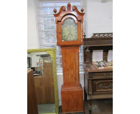 CORNISH LONGCASE CLOCK, painted break arch face with riverside cottages by T Treleaven of Bodmin, painted pine casing 