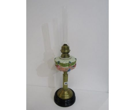 EDWARDIAN OIL LAMP, brass column base oil lamp with painted glass reservoir 