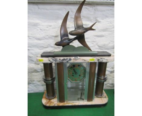 ART DECO, French Art Deco coloured marble and chrome mantel clock with swallow cresting, 58cm height 