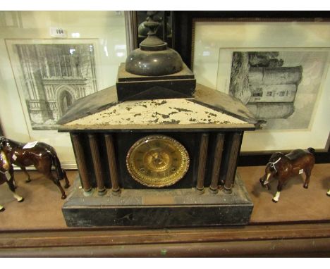 A slate architectural form mantel clock with Roman numeral dial, a/f