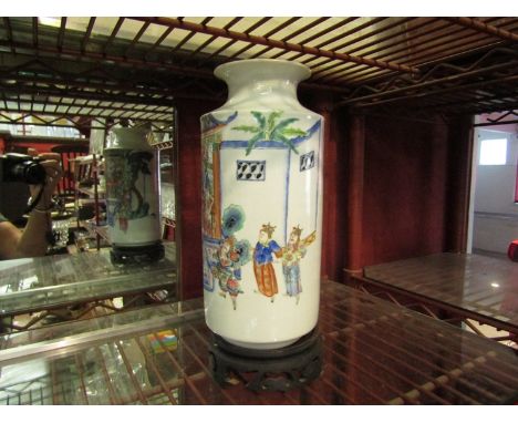 A late 19th Century handpainted enamel cylinder vase, 23cm tall, chip to rim