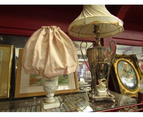 A silver plated table lamp and a marble style example, both with shades