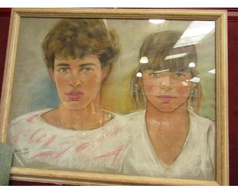 KOOL RHODOI: Artist portrait in chalk and pastel of young boy and girl, framed and glazed