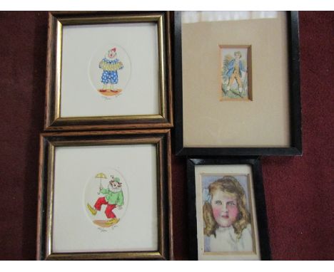 An Edwardian miniature handpainted portrait of a young girl, a miniature print and a pair of miniature limited edition hand c