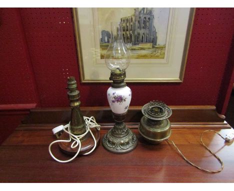 A brass oil lamp converted to electrical, another and a brass table lamp base (3)